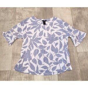 Ali Miles Size M Boho Leaf Print Linen Blend Top Flutter Sleeve Beachy Nautical